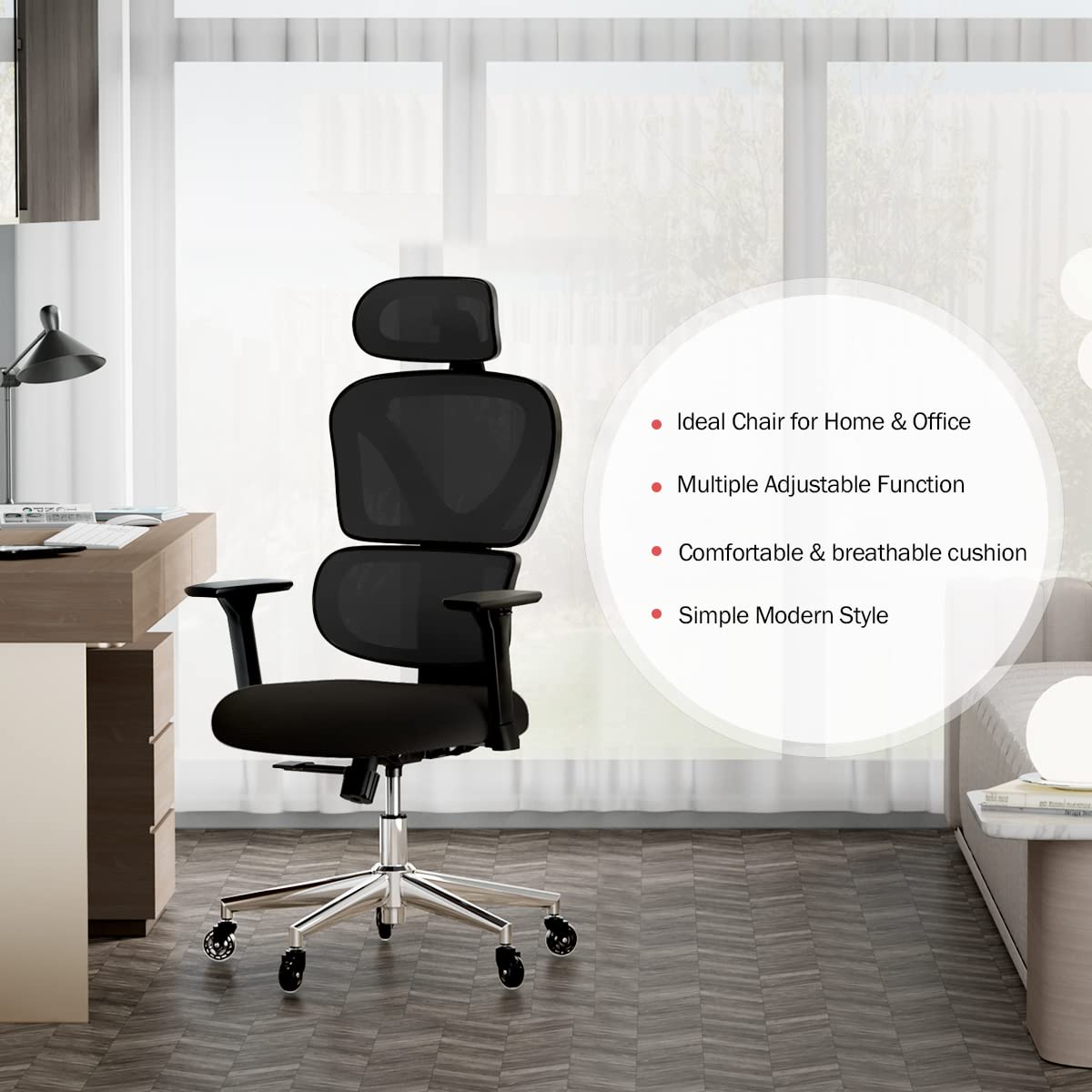 Sytas Office Chair Ergonomic Home Office Desk Mesh Chair Computer Task High Back Chair Executive Swivel Chair with 3D Adjustable Armrests, Headrest and Lumbar Support, Black