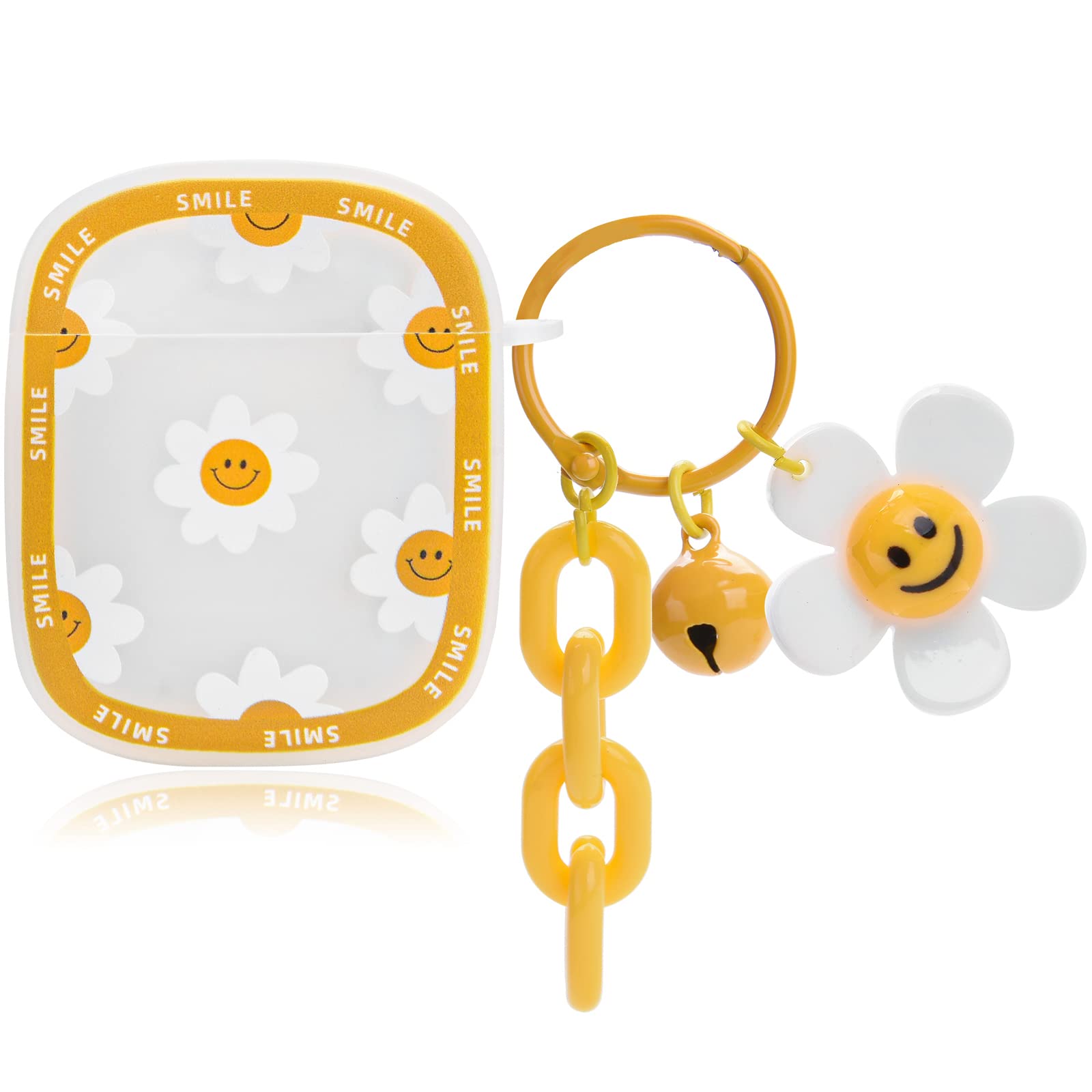 Cute AirPod Case with Smile Daisy Flower Ornament Keychain Silicone Protective Cover Compatible with AirPods 2nd & 1st Generation for Women and Girls
