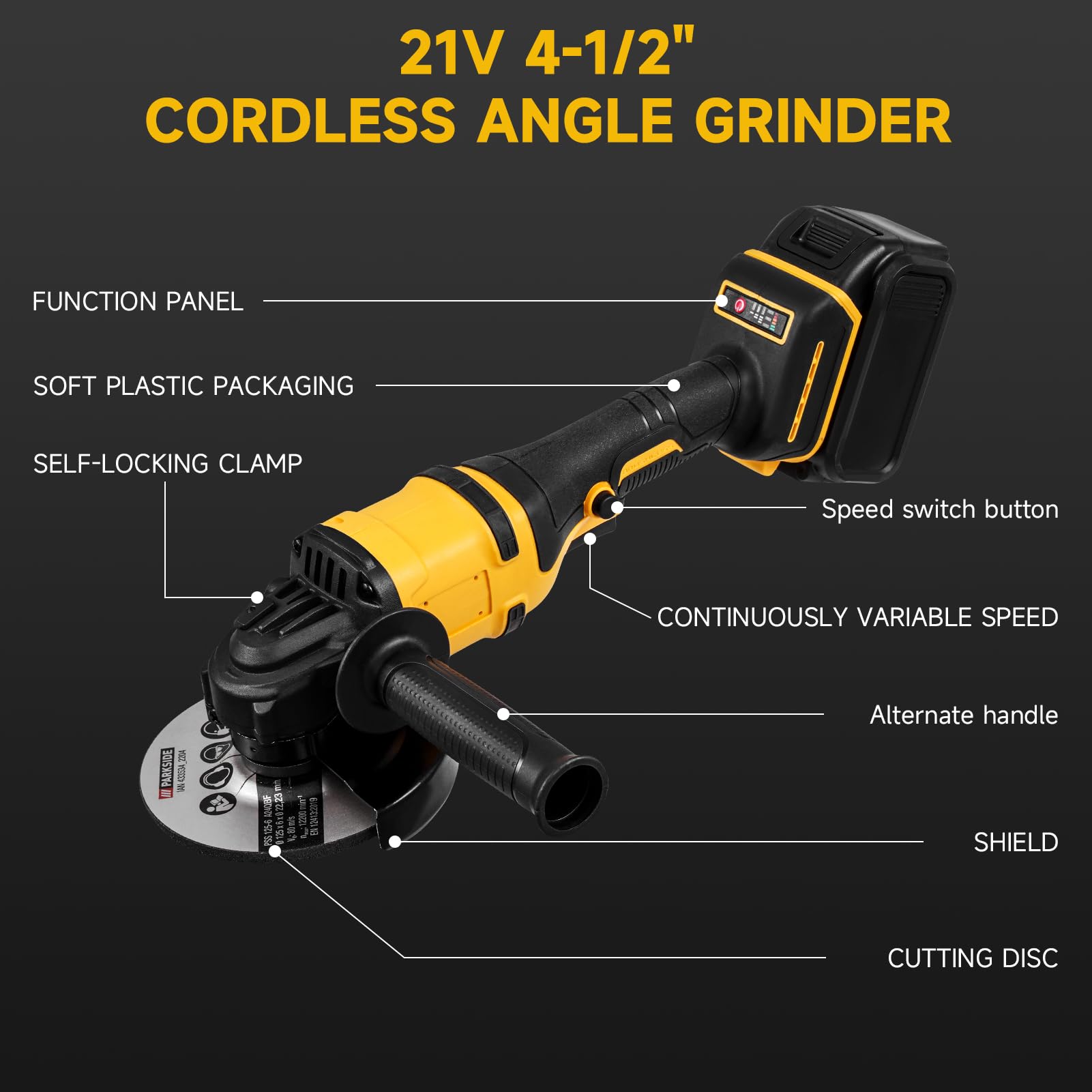 Akku Winkelschleifer - 21V Professional Winkelschleifer Set 16Pcs (Scheiben-Ø 125mm,Leistung 1500W, 0-30000 RPM,1 Schleifplatte, Zusatzhandgriff,Schraubenschlüssel,Ladegerät, 2×5000mah Akkus)