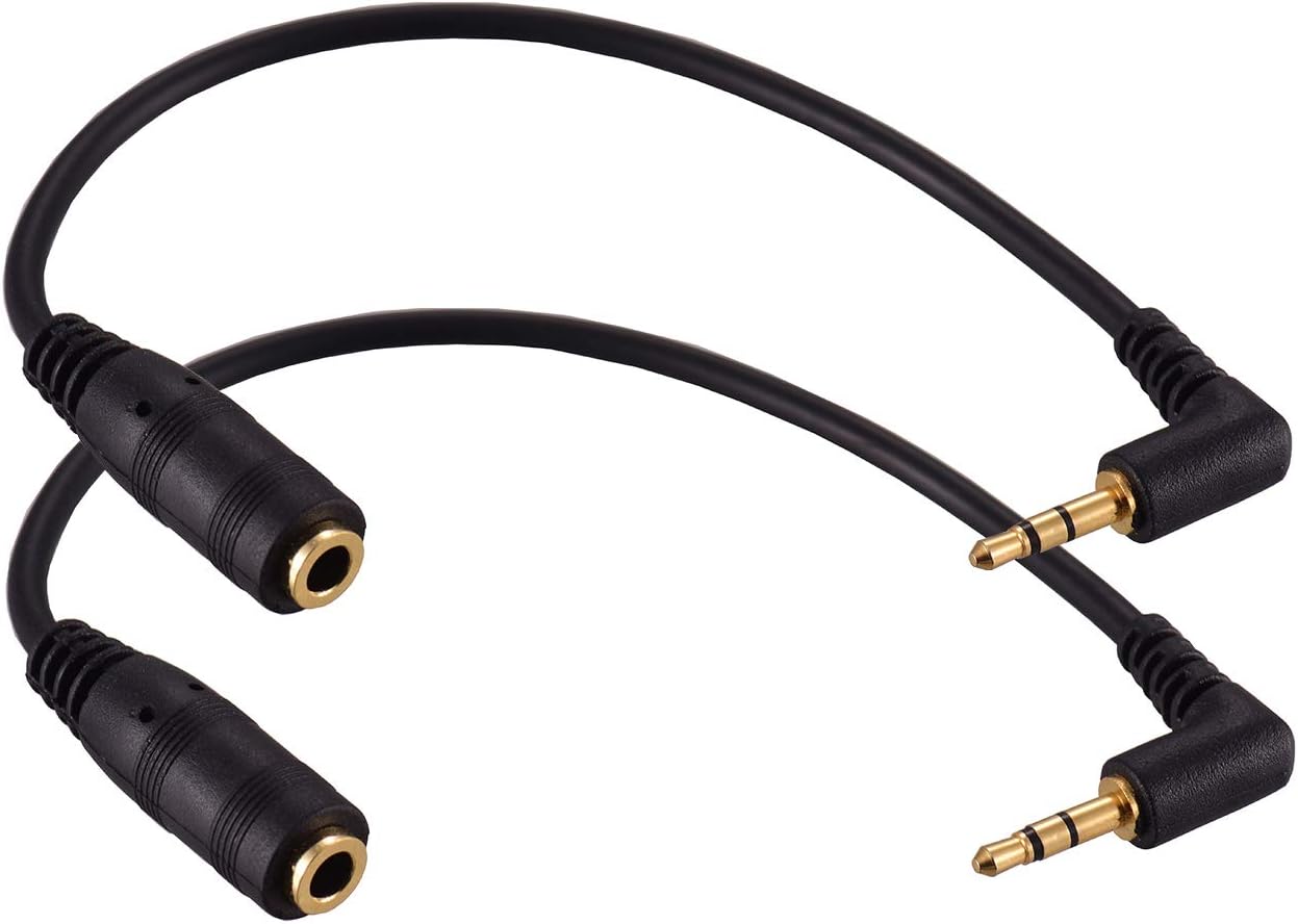 2 Pack Gold Plated 2.5mm Male to 1/8 inch 3.5mm Female Stereo Audio Jack Adapter Cable 90 Degree Right Angle Connector 6 inch Cord for Radios,Headphones,Recorder,Camera