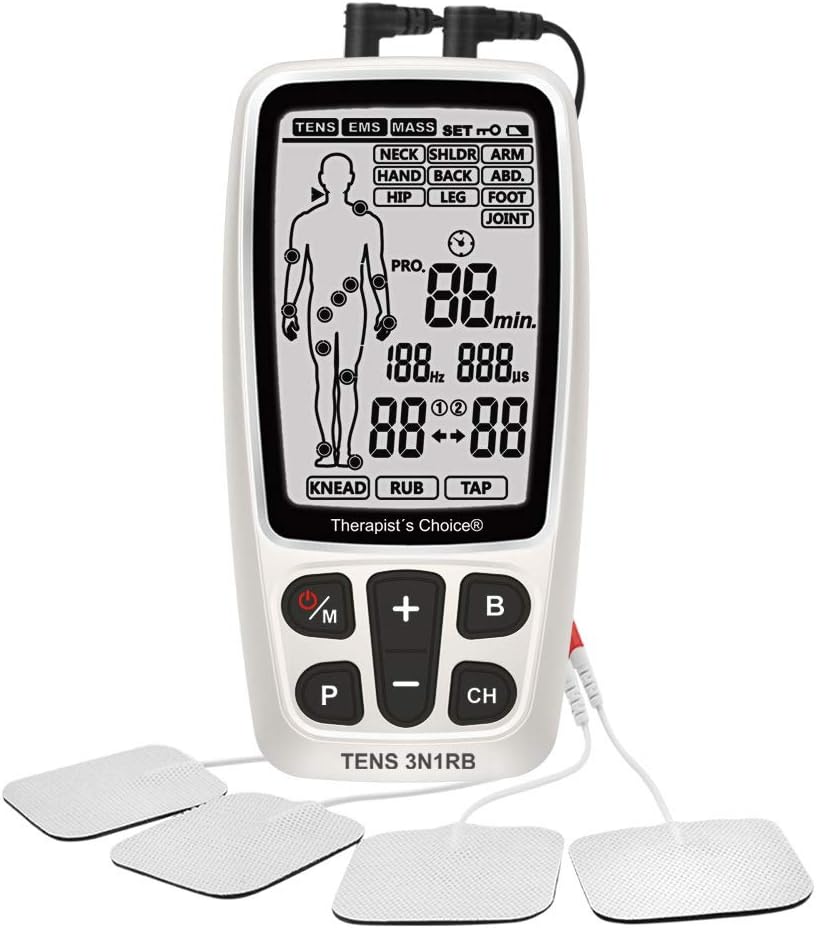 Therapist’s Choice® Rechargeable TENS3N1RB Combo TENS, EMS, Massage with Body Image Diagram Electrode Placement, with Belt Clip and Display Box.