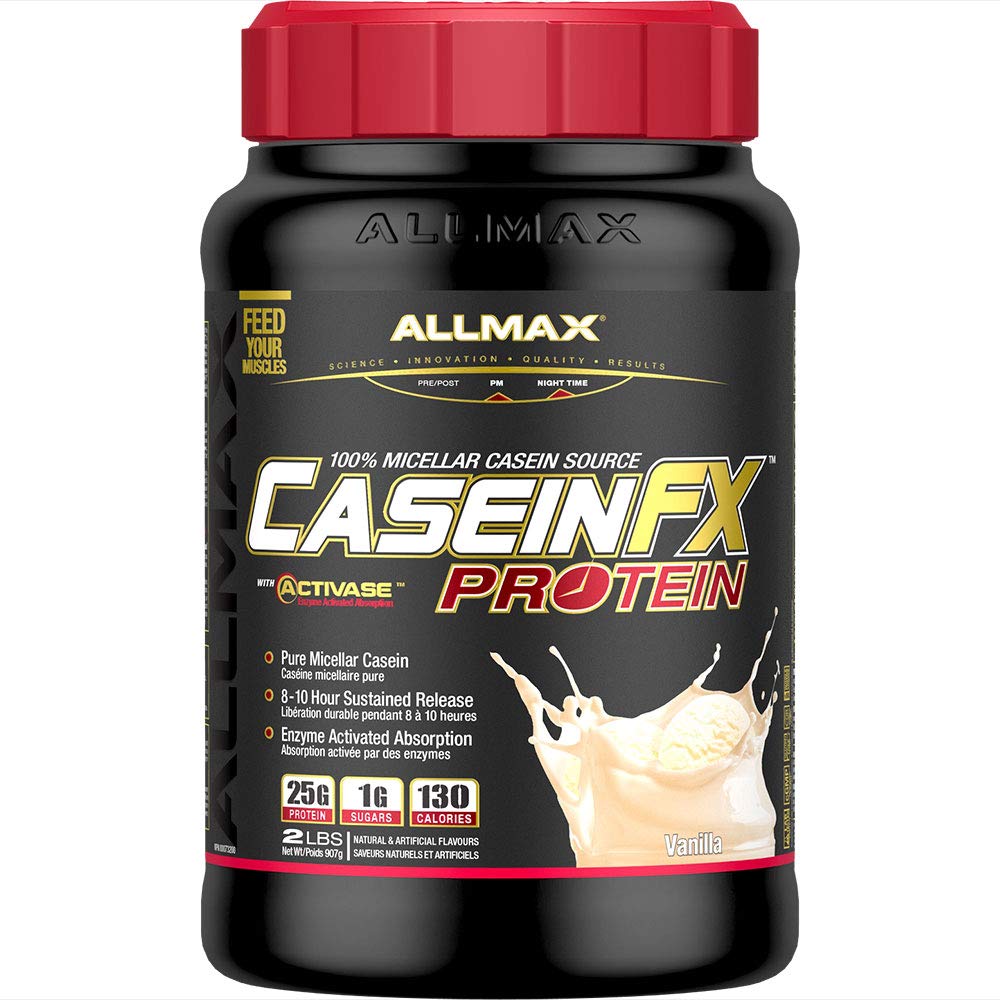 AllmaxNutrition CASEIN-FX Protein, Vanilla - 2 lb - 25 Grams of Slow-Release Protein Per Scoop - Low Carb & Zero Added Sugar - Approx. 27 Servings