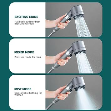 Pressurized Shower Head 3 Modes High Pressure Filter Rainfall Shower One-Key Stop Spray Nozzle Bathroom Accessories,Grey,1
