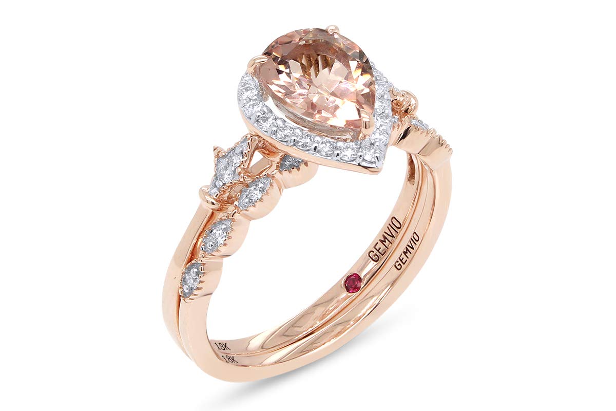 GEMVIOFleur-de-lis Vintage Style Bridal Set, Pear Cut Natural Morganite 8X6MM Gemstone & Natural Diamond In 18K Solid Gold Engagement Promise Wedding Ring (1.10 Cttw) Valentine's Day Gift For Her