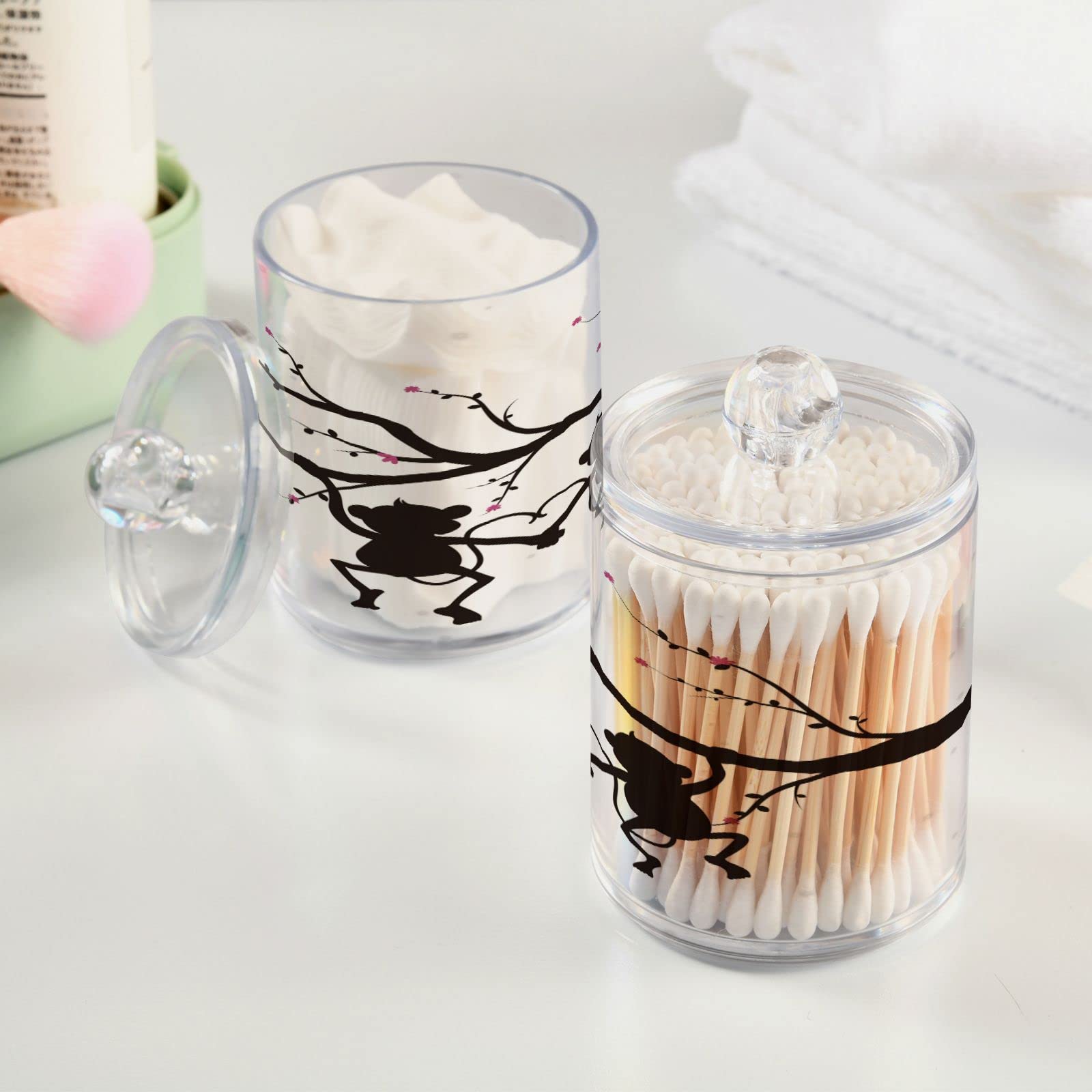 Kigai Silueta de árbol mono Qtip soporte dispensador de hisopo de algodón, tarro de boticario transparente de plástico, tarro de almacenamiento de cocina para decoración del hogar, 2 unidades