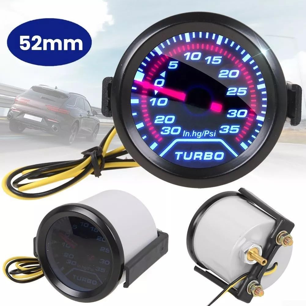 Manometro digitale Turbo Boost, 52 mm, misuratore di pressione Turbo Boost per auto, puntatore digitale 35 PSI con lente fumé e kit di installazione con ago illuminato