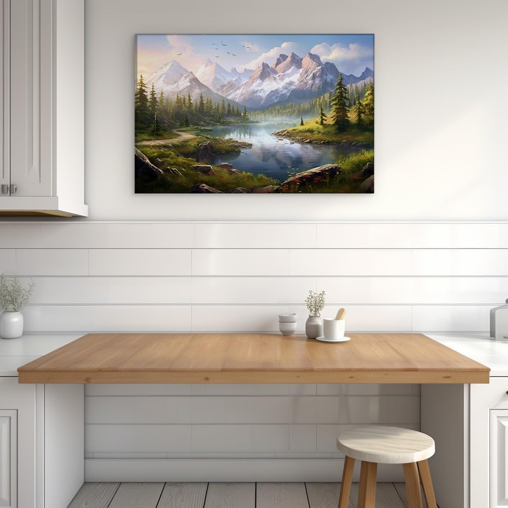 Canvas for Living Room. Serene Mountains and Soaring Birds: A Digital Ode to Nature's Majesty, 27 x 18 inch Canvas Wall Art - Surrealistic Visions - Modern Home Decor