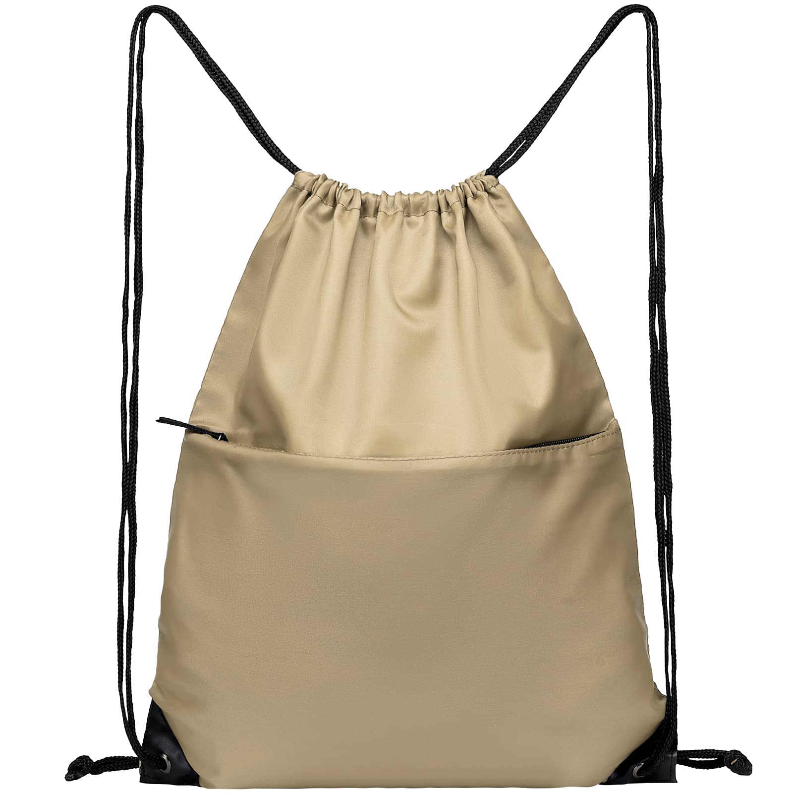 BuyAgain Drawstring Backpack Sports Water Resistant String Bag Sport Gym Sackpack for Women Men Large with Zipper…, Khaki, L, Rucksack Backpacks