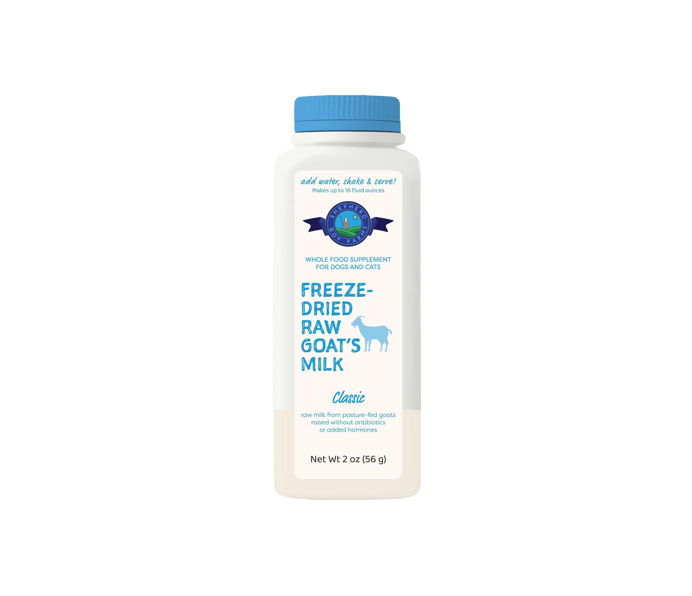 Shepherd Boy FarmsFreeze Dried Raw Goats Milk with Probiotics for Dogs & Cats (Classic), High Protein Digestible Goat Milk for Sensitive Stomachs, Food Topper, Dog Camping Essentials - Makes 16 FL OZ