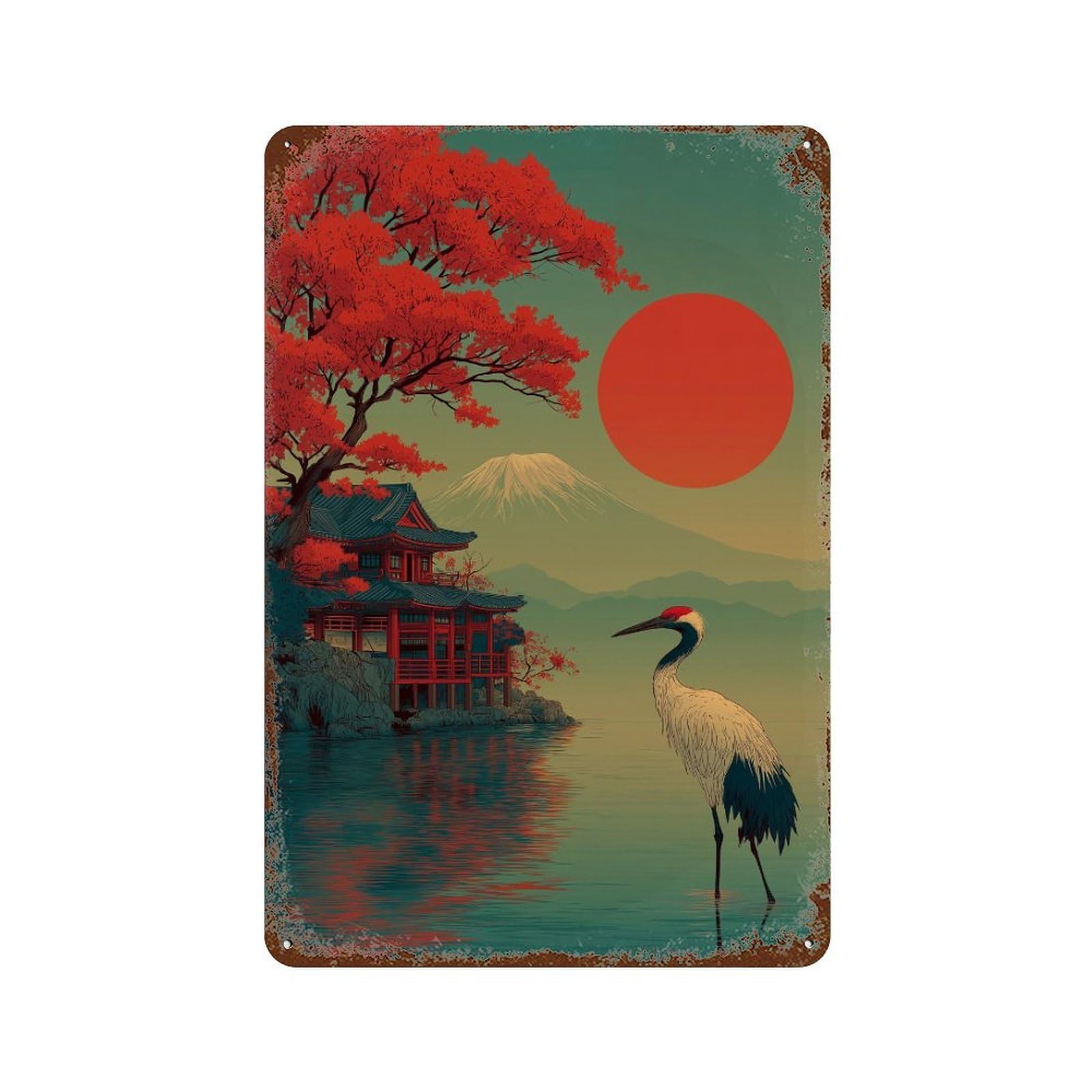 Rust Effect Japanese Sunset Scene with Crane Aged Metal Wall Plaque 11.8"x7.9", Shabby Chic Decor for Living Room, Hallway And Home Decor