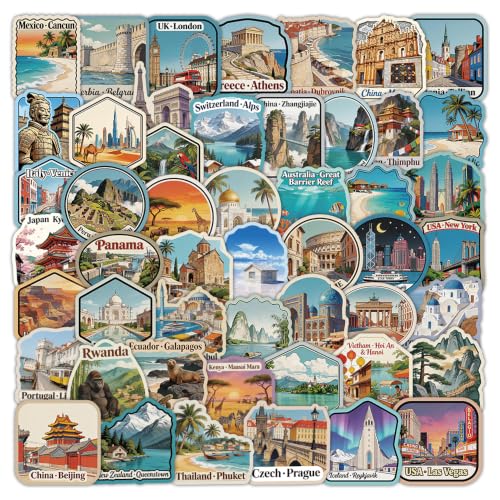 60PCS Travel Luggage Stickers with City Landmarks