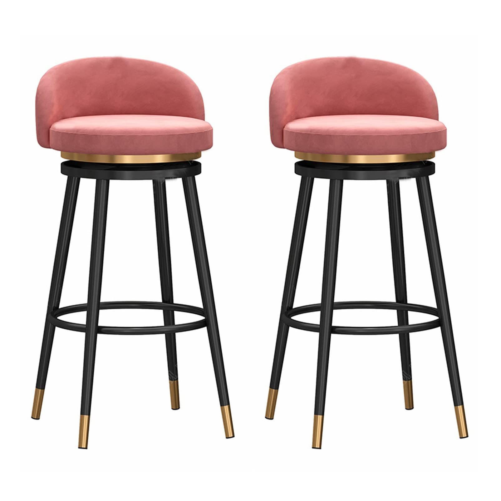 AYCDL 2pcs 360° Swivel Barstools Counter Height Stool Bar Stools, Velvet High Bar Chairs with Backrest and Footrest, Upholstered Stools for Kitchen Island,Black Pink-75cm