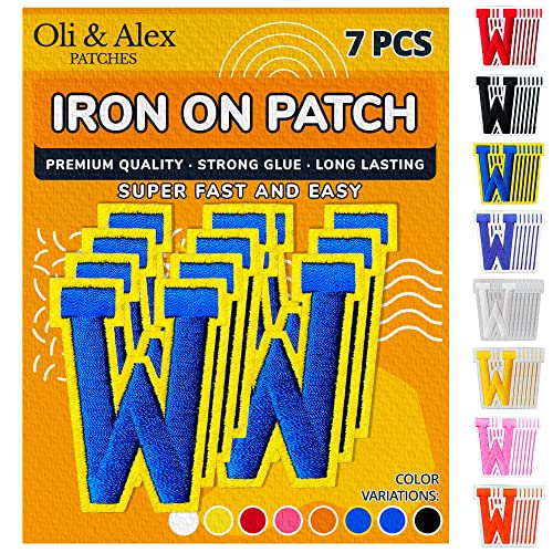 Oli and Alex Iron On Letters 2.4 inch - 7 pcs of W Blue Patches Letters for Clothing - Super Glue - No sew Needed - Embroidery Alphabet Football Team School University - Blue on Yellow, W