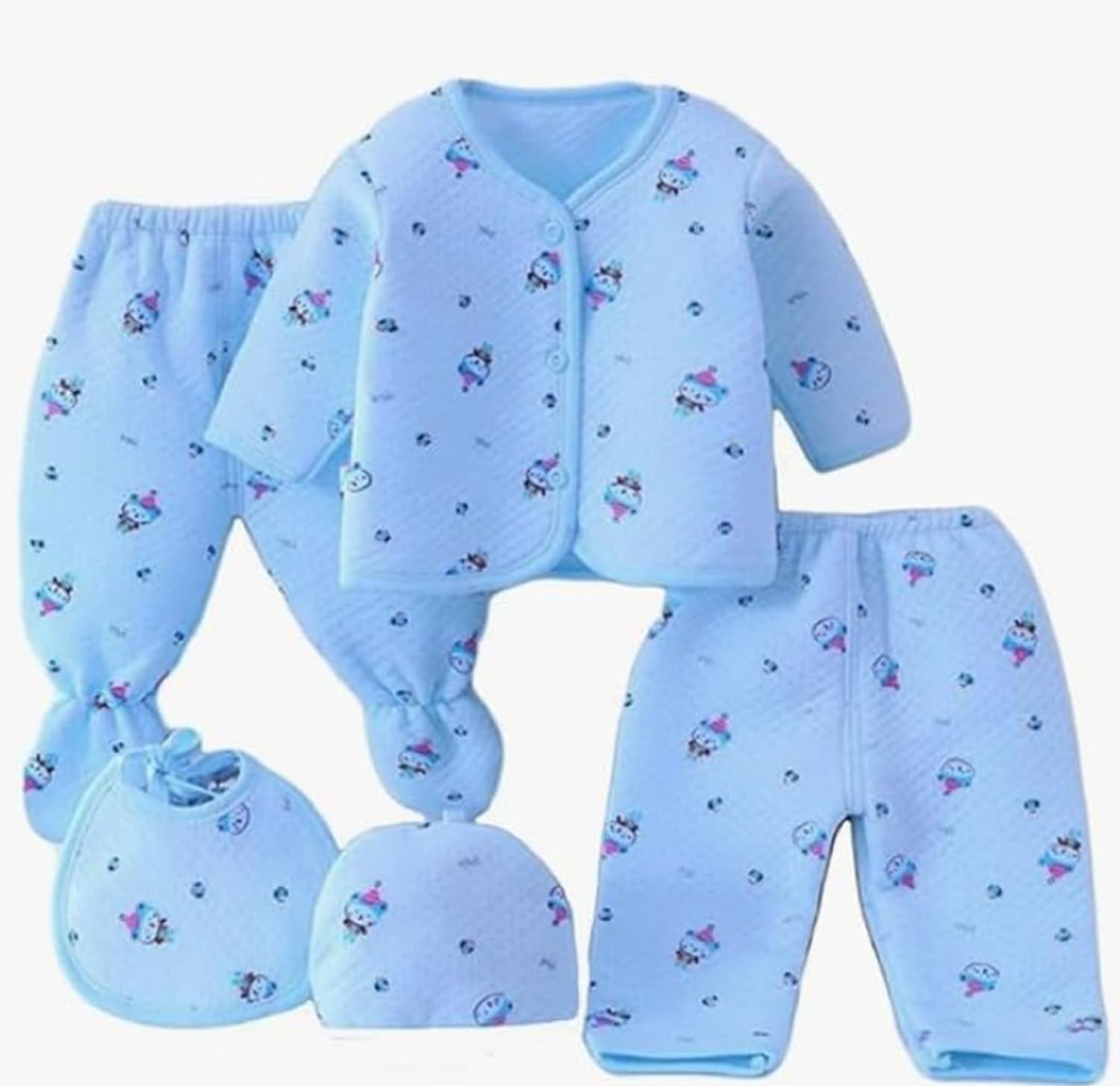 VIN New Born Baby Semi Winter Wear Cotton Blend Floral Dress, Warm Suit, Set 5 Pcs Pack 1-Pyjama 1-Legging 1-Vest 1-Bib 1-Cap 0-3 Months,New Born Gift (One Size, Blue)-picture-14