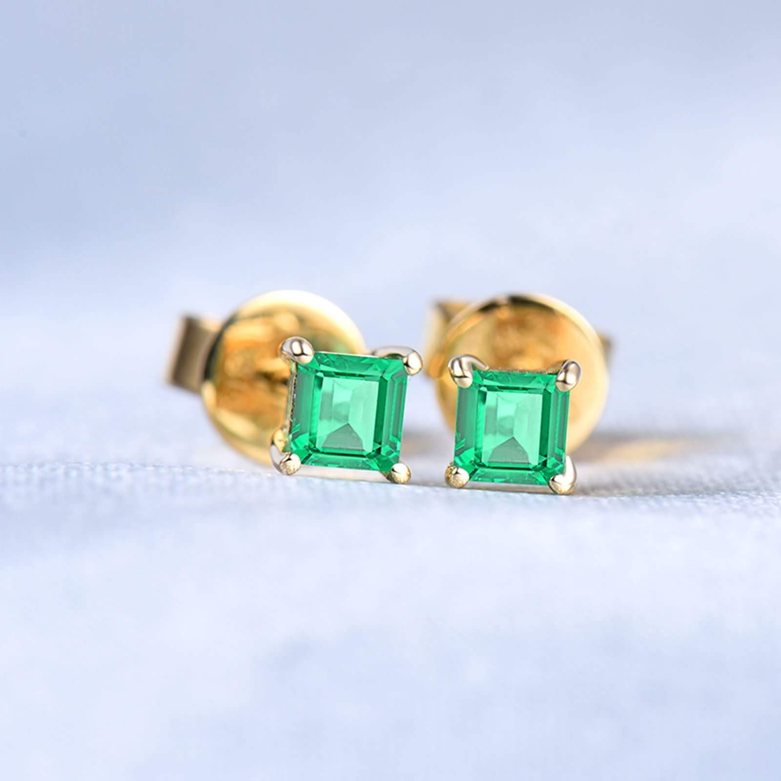 Epinki Gelb Gold 18K Ohrringe Silber Hängend, 4 Klaue Quadrat Ohrschmuck mit Smaragd 0.7ct Grün, als Geschenke für Frauen Freundin, Gelb Gold