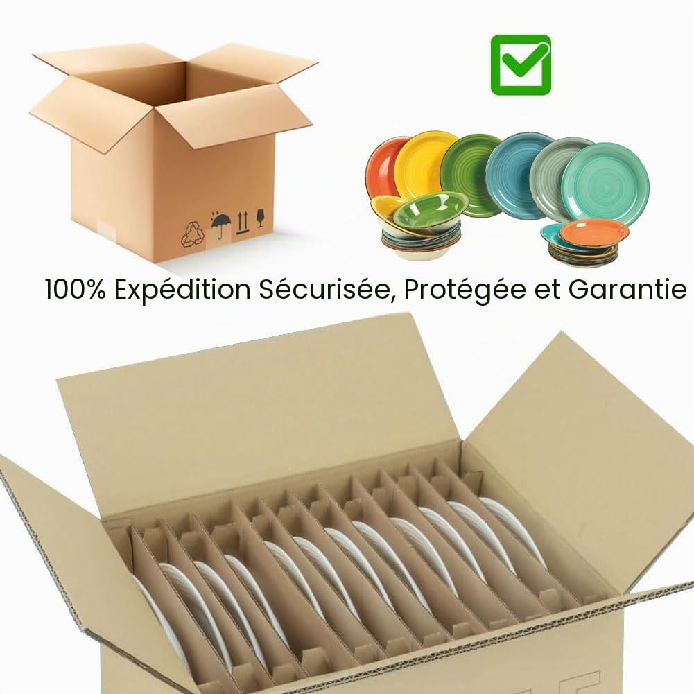 Shally Dogan Service d'assiettes pour 6 personnes en céramique multicolore, lot de 18 pièces servi de table colorée en grès cérame, assiette, assiette, fruits ou sucrés, accessoires de cuisine design