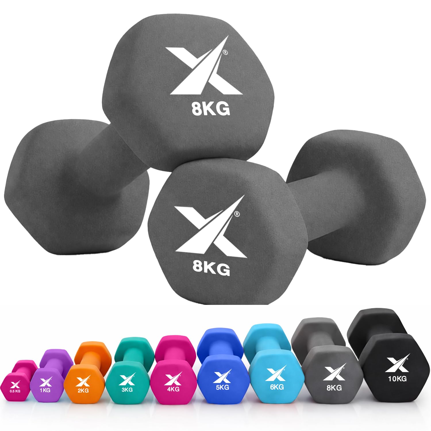 XN8 Neoprene Dumbbell Set, Non-Slip Dumbbells Pair of 0.5kg–10kg Hand Weights, Home Gym Strength Training Weights for Men & Women, Aerobics, Pilates, Body Toning, Arm, Biceps & Fitness Exercises