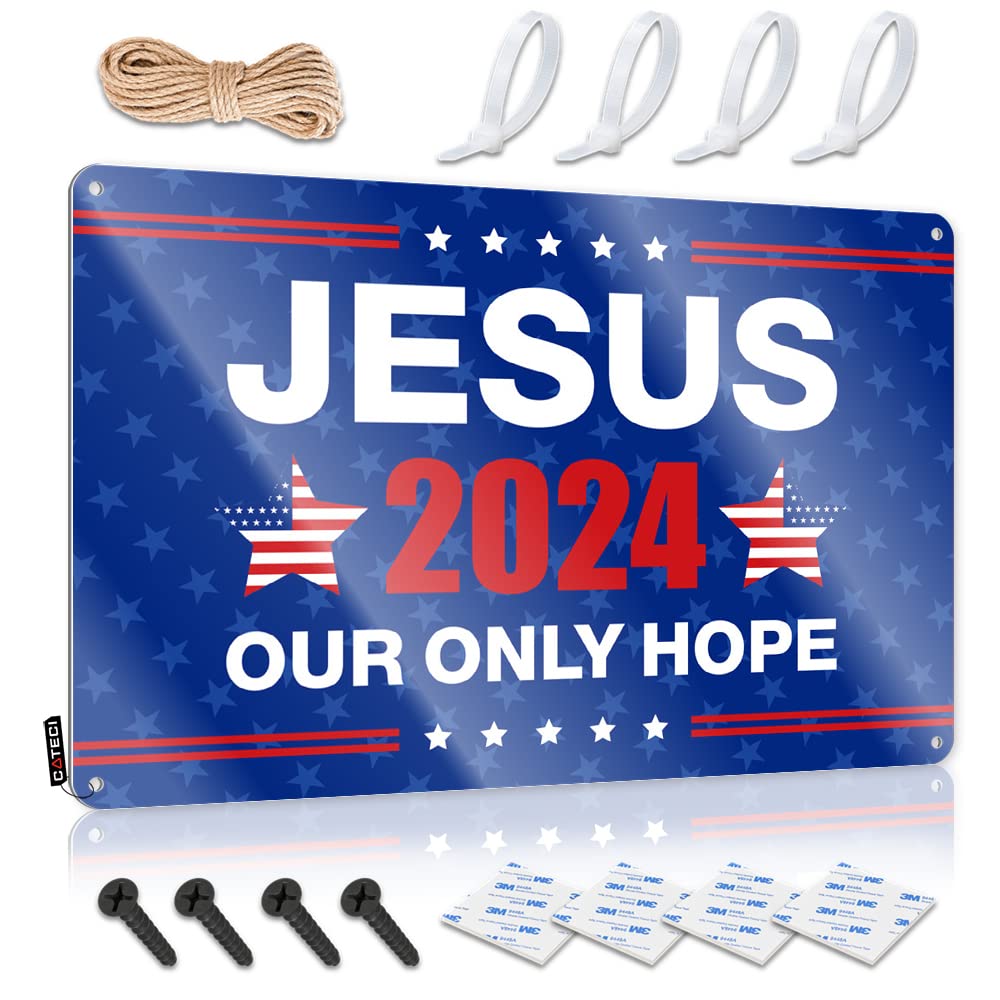 Tin Sign Western Style Wall Decor Skeleton Indoor Outdoor Metal | Hanging Round Jesus 2024 Our Only Hope/Yarn Horseshoe For Rainbow(30X40CM)
