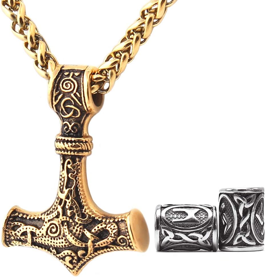 Thor Hammer Pendant Mjolnir Necklace 18K Gold Plated Stainless Steel Norse Viking Jewelry for Men Women