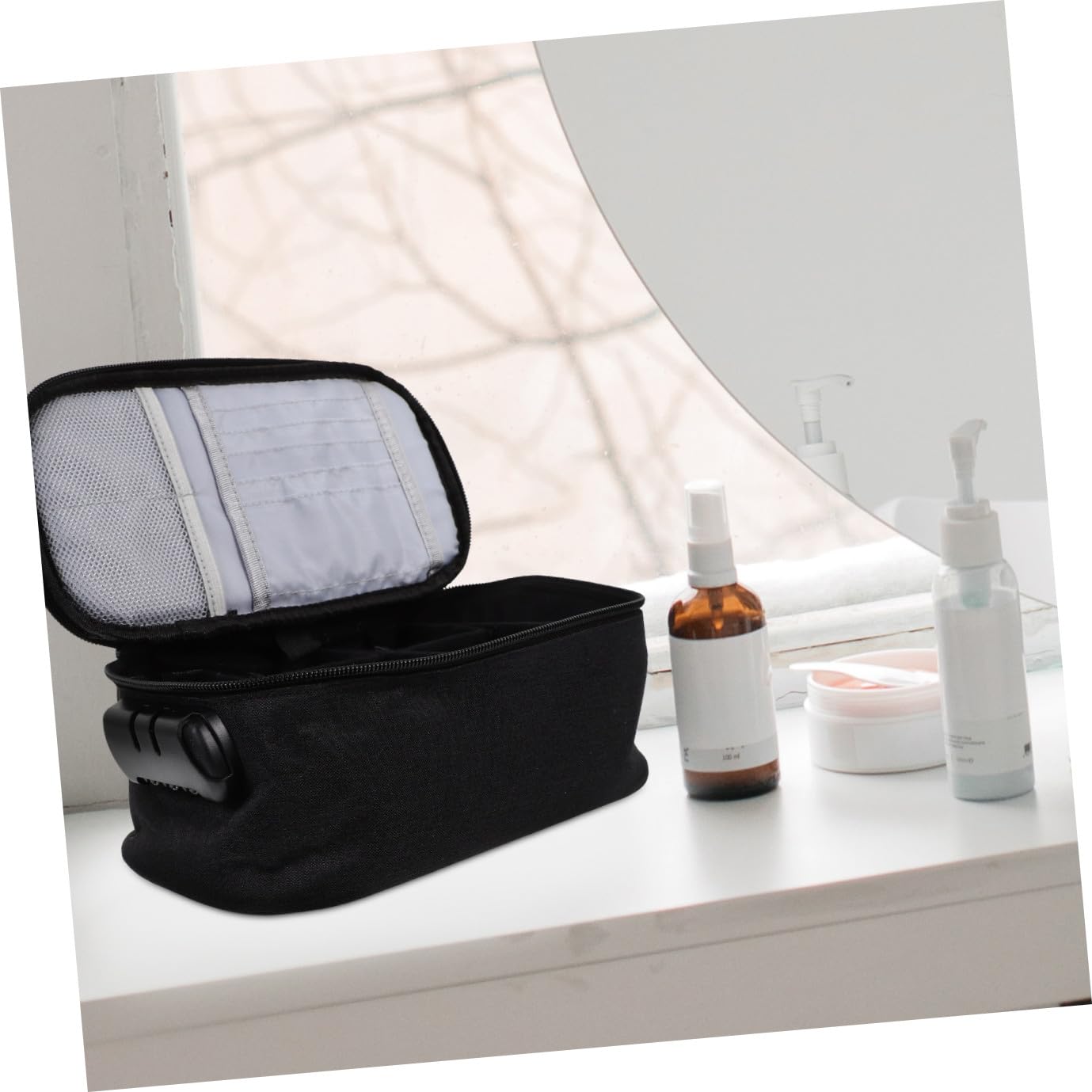 Beavorty Borsa da Toilette da Viaggio Portatile Oxford Nero, Scomparti Multipli e Chiusura a Combinazione, per Trucchi e Lip Gloss