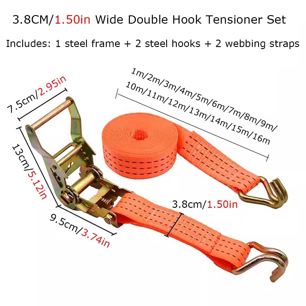 Set Di Cinghie A Cricchetto Resistenti, Cinghia A Cricchetto, Cinghia Di Ancoraggio Regolabile, Cinghia Con Gancio Per Rimorchio Camion(W 3.8cm/1.50in,L 16m/630in.)