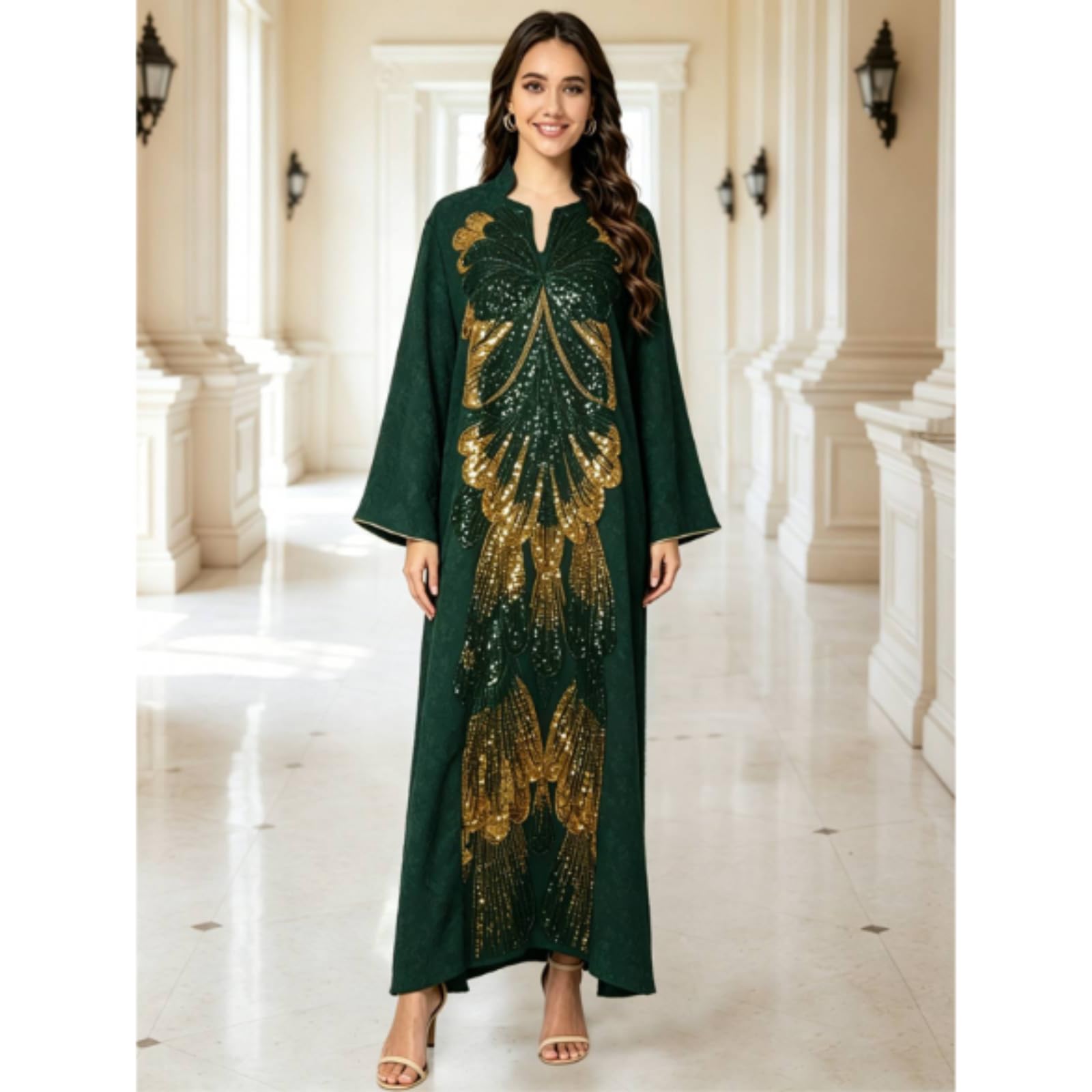 ANTTK - Maxi abito da donna caftano con perline e paillettes ricamate, a