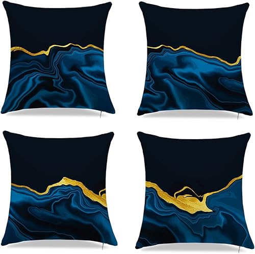 Juego de 4 fundas de almohada decorativas de mármol, juego de 4 fundas de almohada azules y doradas, 18 x 18 pulgadas, color azul suave dorado
