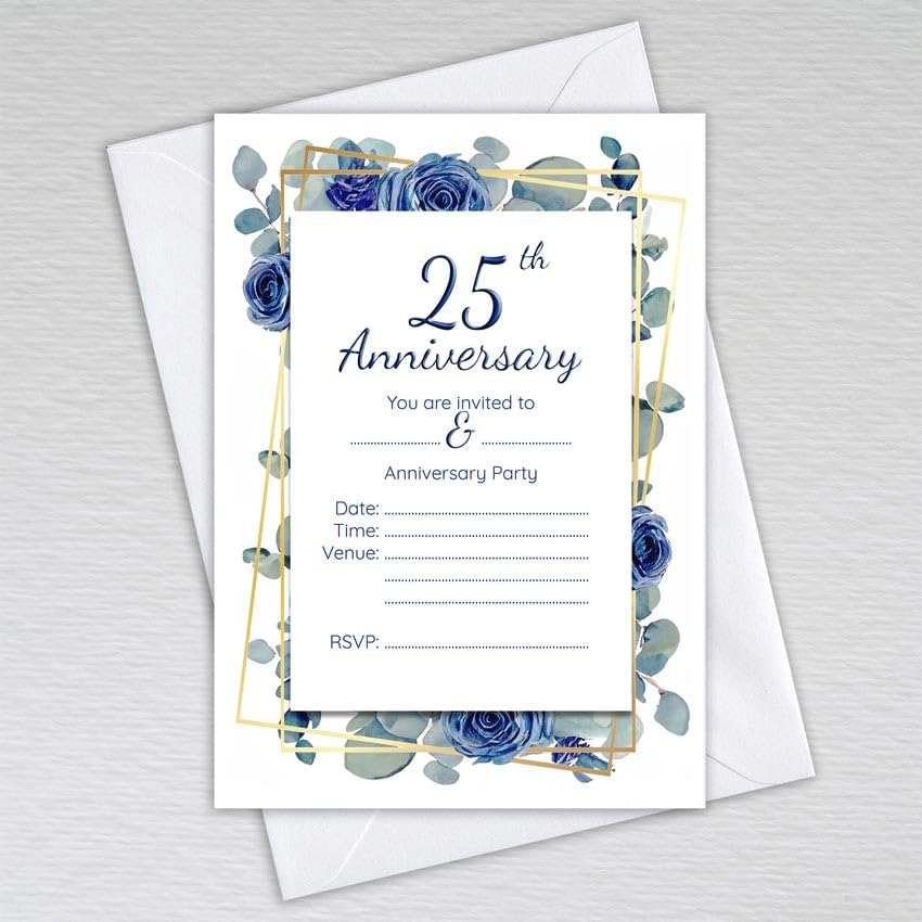 Webspectations Pack of 25th Wedding Anniversary Invitations with Envelopes: Navy Dusty Blue Eucalyptus 25th Anniversary Invites (Pack of 50 with Envelopes)