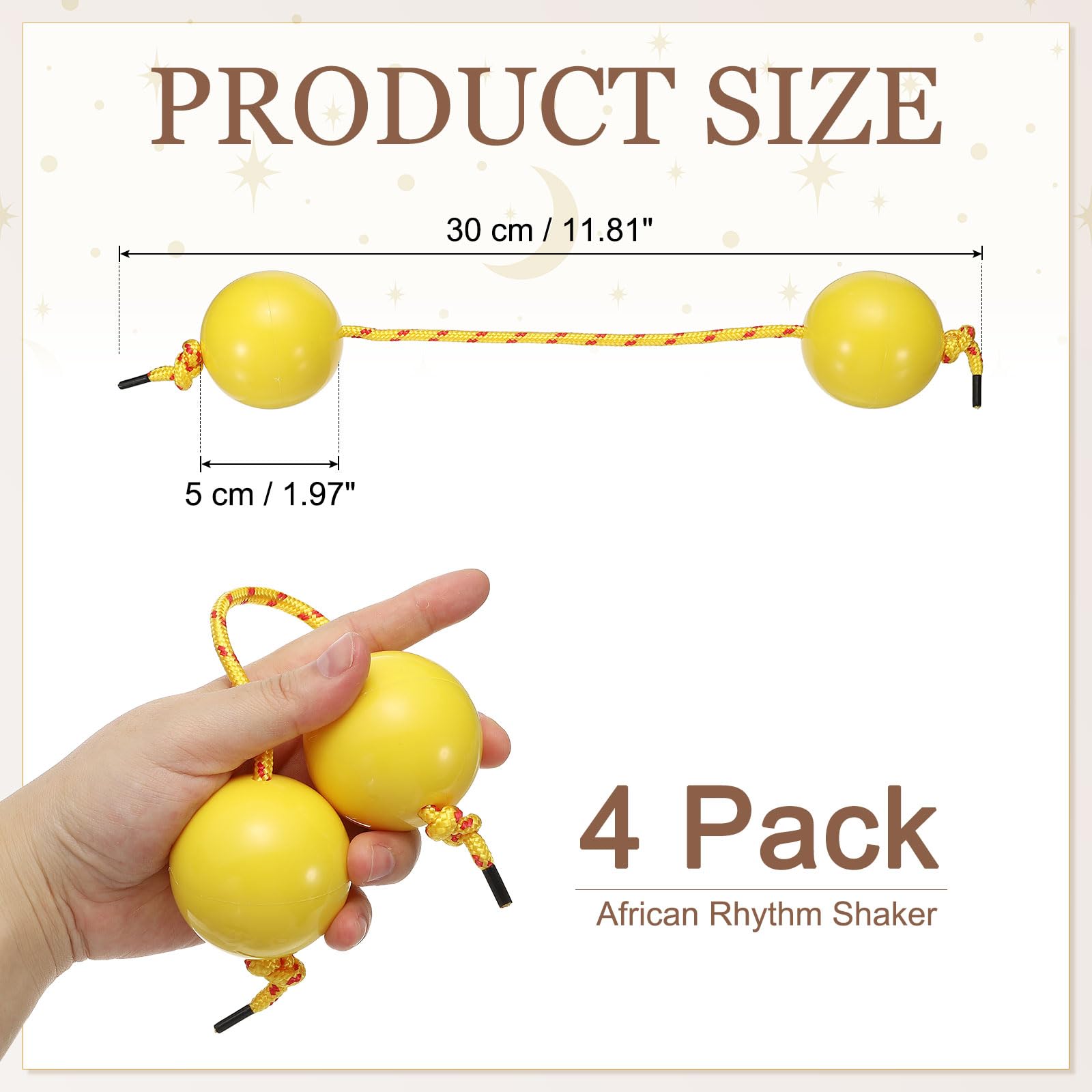 Rhythm Afrykański shaker Kashaka, Shaker Ball Kashaka, ręczne instrumenty perkusyjne z żółtą liną, odpowiednie dla dorosłych, na wesele, przyjęcie, klasę muzyczną (4 sztuki, żółty)