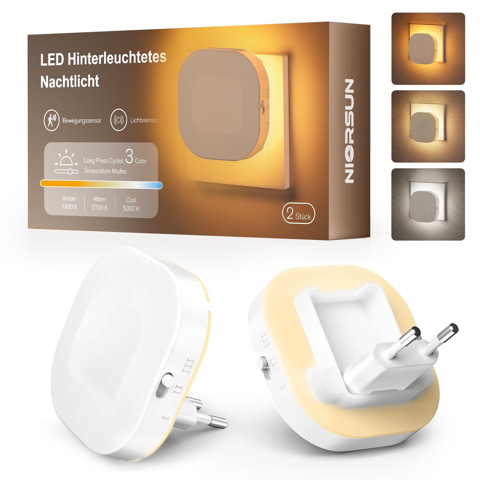 NIORSUN Nachtlicht Steckdose mit Bewegungssensor und Dämmerungssensor, 1800K-5200K LED hinterleuchtete Nachtlicht, Dimmbar Steckdosenlicht für Kinderzimmer, Schlafzimmer, Treppen, Gang