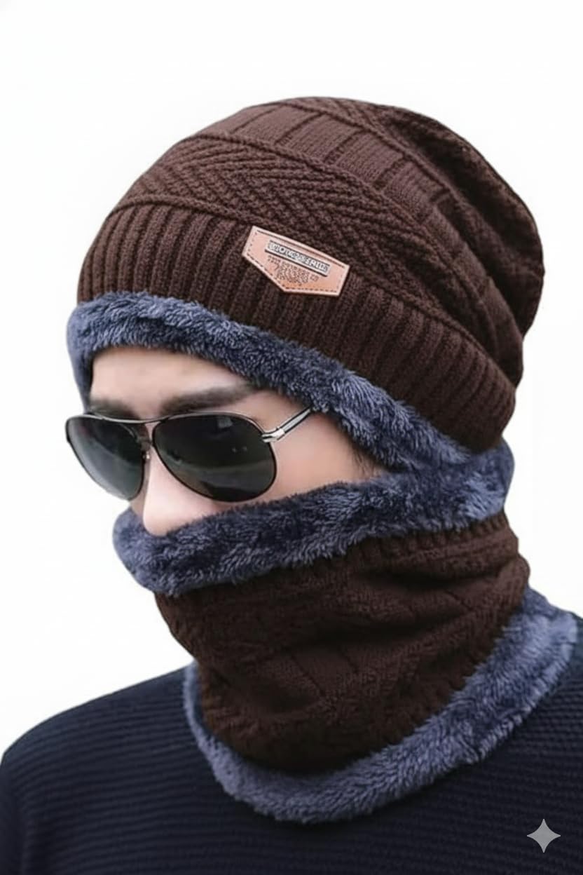 Winter Woolen Cap with Scarf for Men | Warm Fleece Lined Beanie with Face Cover | Cold Protection Cap for Bike Riding & Outdoor Use (Brown)
