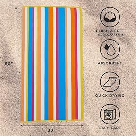 Great Bay Home Large Beach Towels 30” x 60”, 100% Cotton Cabana Stripes for Beach, Bath, Pool, Gym, Lightweight and Quick Dry, Multi Stripe Packs Colorful Stripe 61Ndv vpVRL. SS280