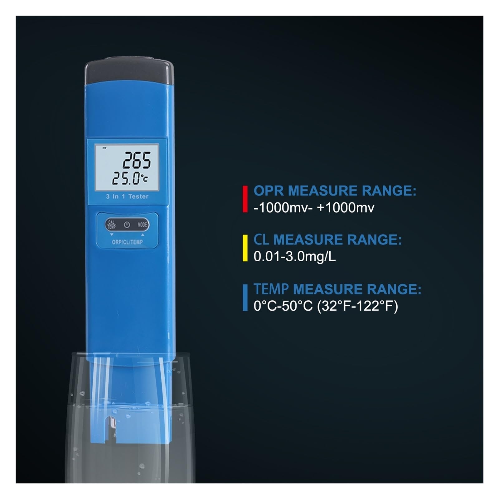 Tester TEMP for cloro ORP 3 in 1 Misuratore digitale della qualità dell'acqua Monitor CL for piscine ad alta precisione,Alta precisione