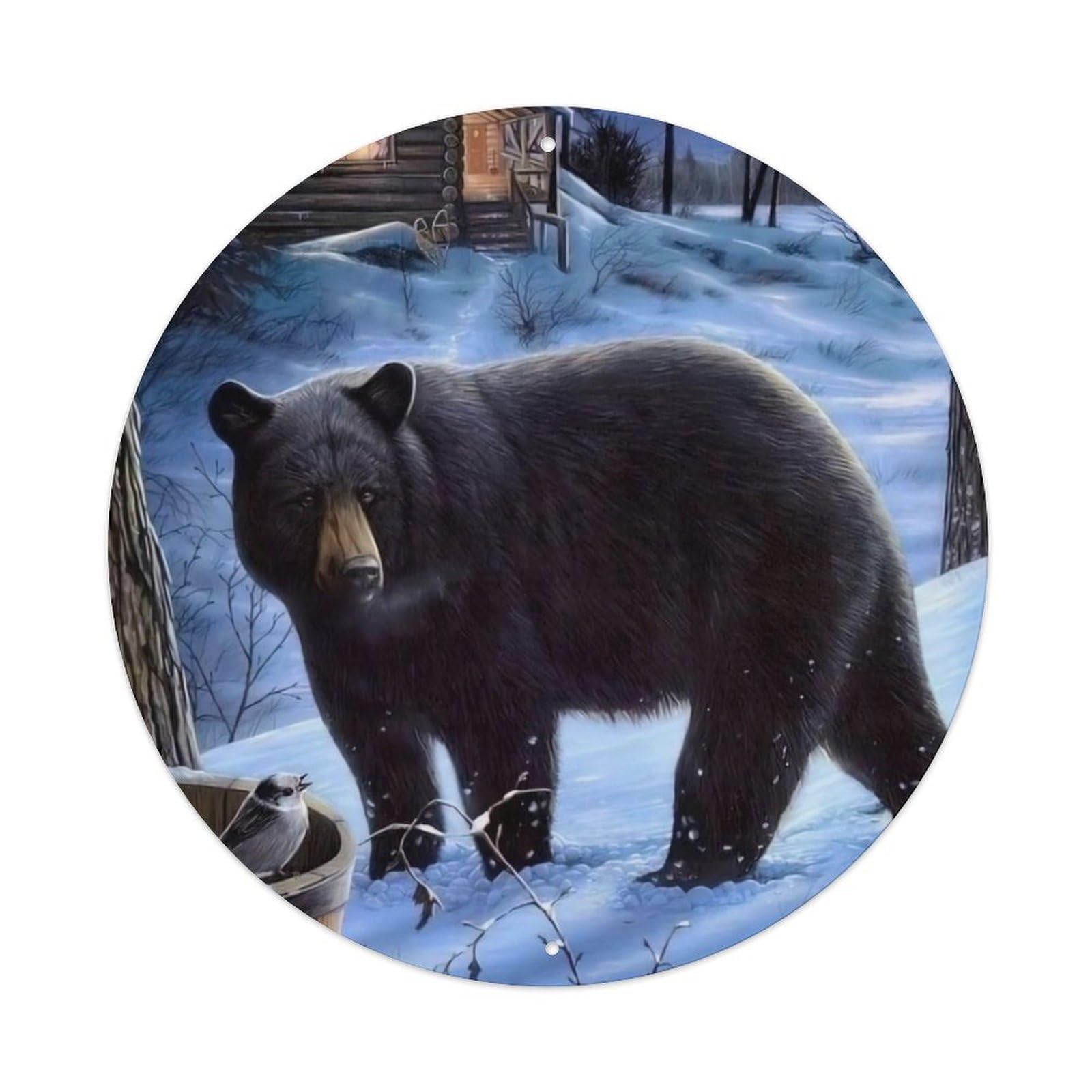 Wildlife Artwork Black Bear in The Snow Vintage Metal Tin Sign Plaque Wall Decor for Cafe, Club Bar, Office, Garden Metal Poster 8x8Inch