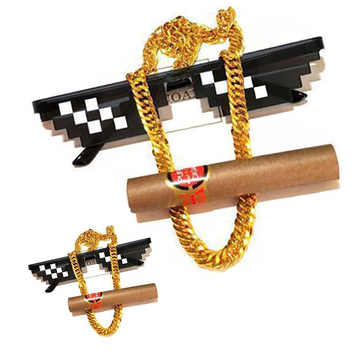 ZZLFX Thug Life Glasses,Cool Sunglasses,Pixelated Mosaic Glasses Party Mlg,Pretentious Sunglasses My World Personalized Sunglasses,Shades (12 Pixels),Includes Glasses, Gold Chain, Cigar