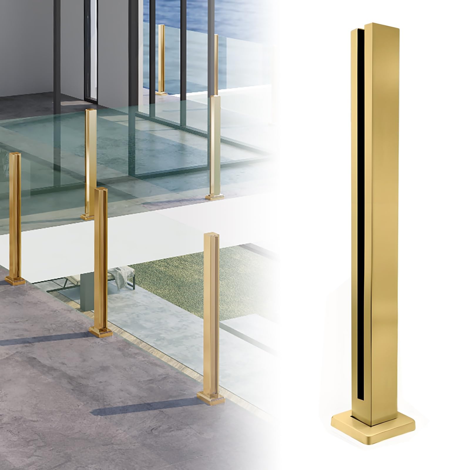 Zestaw szklanych balustrad do wnętrz/na zewnątrz, stal nierdzewna, 304, słupki z akcesoriami, wysokość 100 cm, eleganckie złote wykończenie, idealne na tarasy i patio