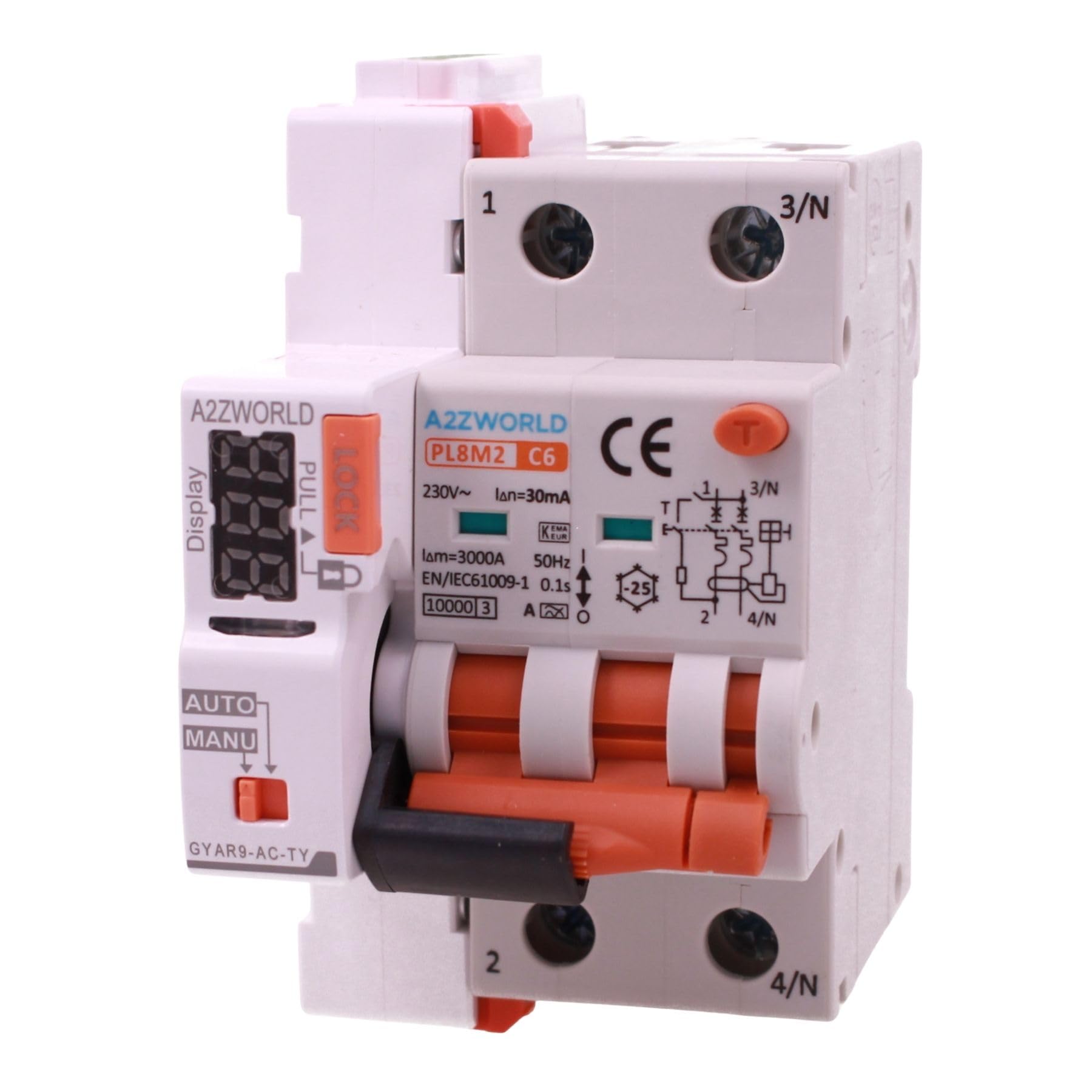 Interruptor magnetotérmico diferencial WIFI con reinicio automático, RCBO tipo A curva C, Idn 30mA / 0.03A, In 6A, APP Tuya Smart Life, 2P hasta 6kA, 3 módulos, control remoto y manual