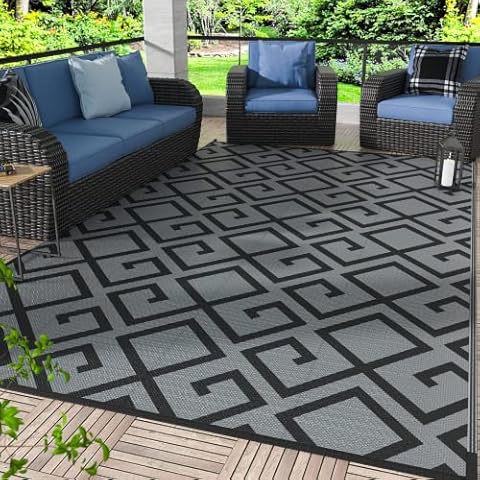 GENIMO 5x8 Outdoor Rug Waterproof for Patio Clearance, Reversible Plastic Straw Outdoor Area Carpet, Outside Camping Mat for Outdoor Decor, RV, Deck, Camper, Balcony, Black & Gray Cover