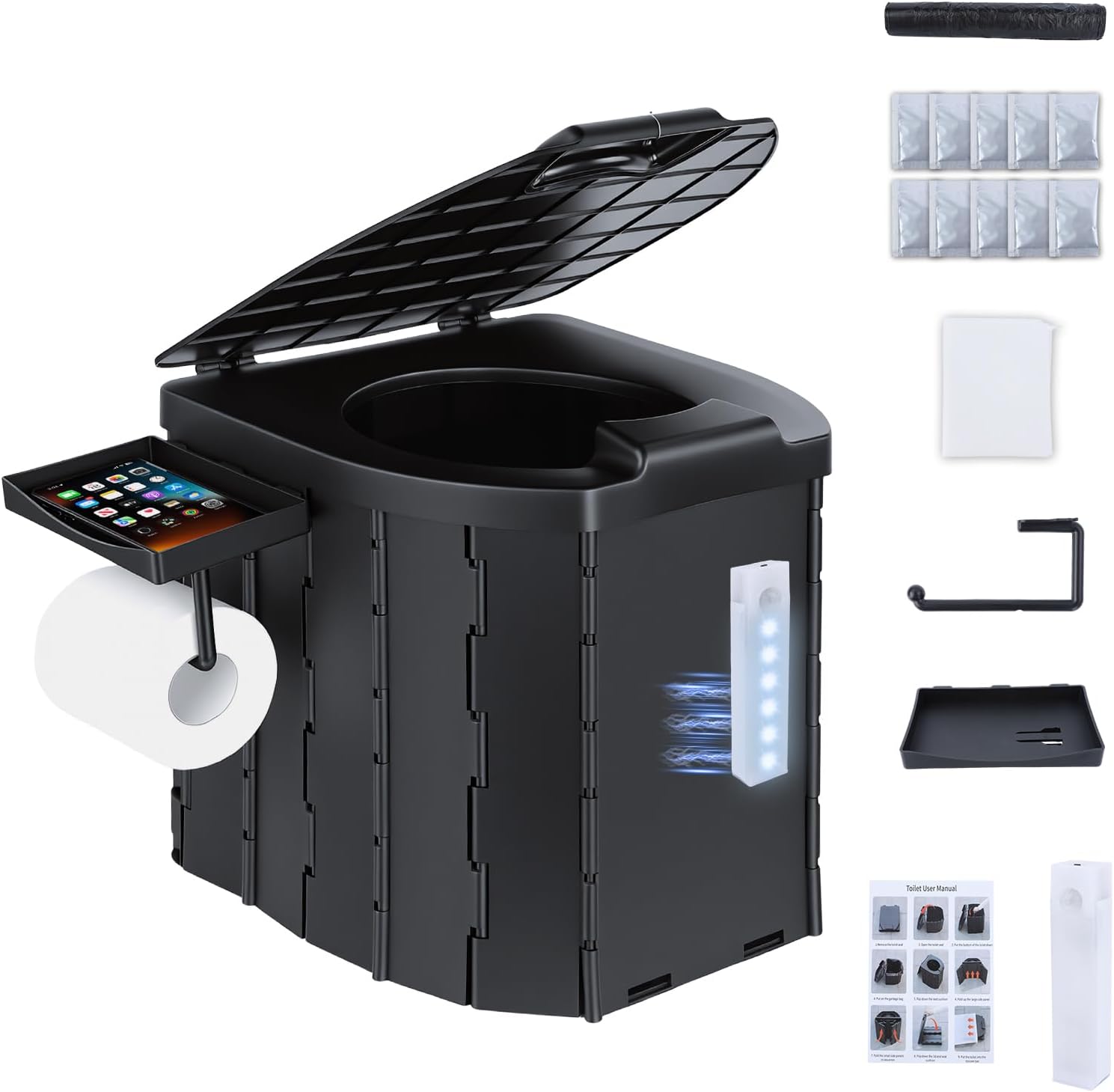 Portable Folding Toilet with Sensor LED Light, Camping Toilet 440lbs Capacity with Removable Storage Net/Phone Holder/Urine Splash Guard, Compact Outdoor Commode for Car Travel, Hiking