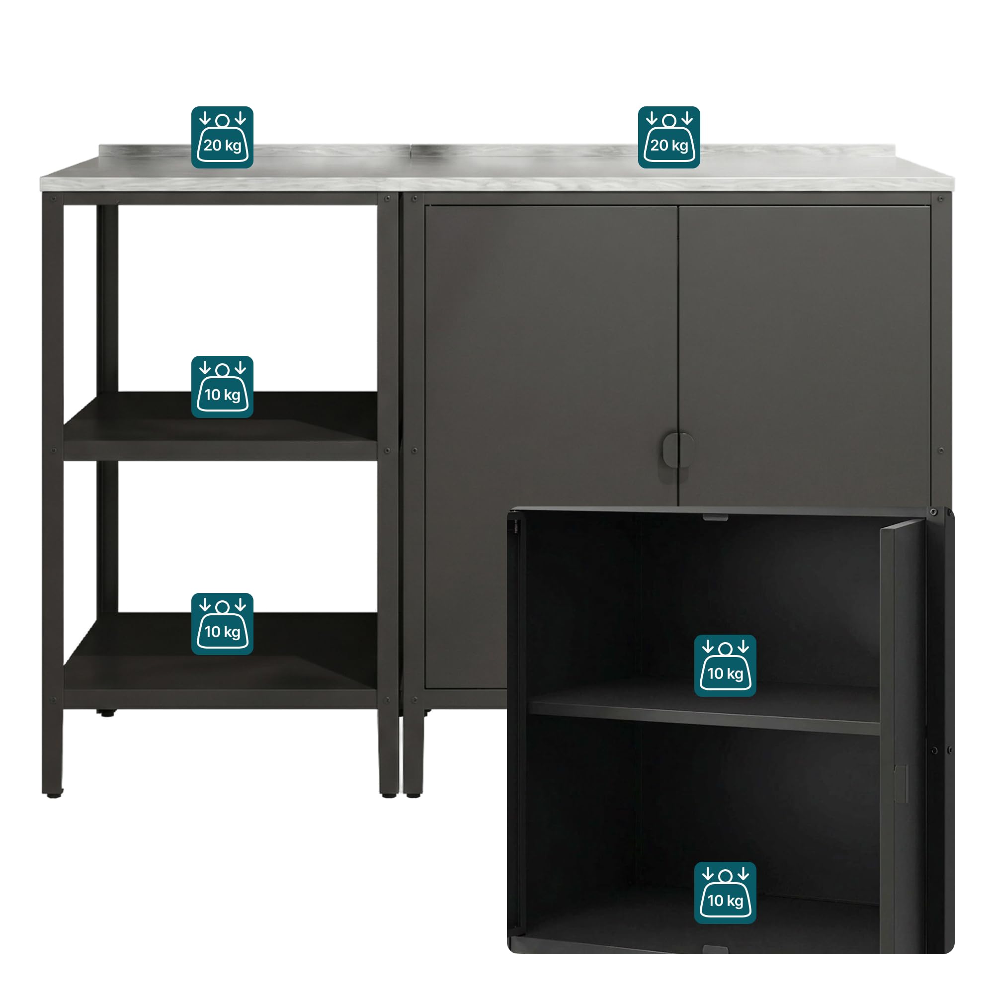 casa.pro Outdoorset Bolognano Gartenmöbelset Outdoor-Standregal und Outdoor-Schrank im Set Gartenschrank Gartenregal für Grill Möbelset für Drinnen und Draußen Schwarz matt