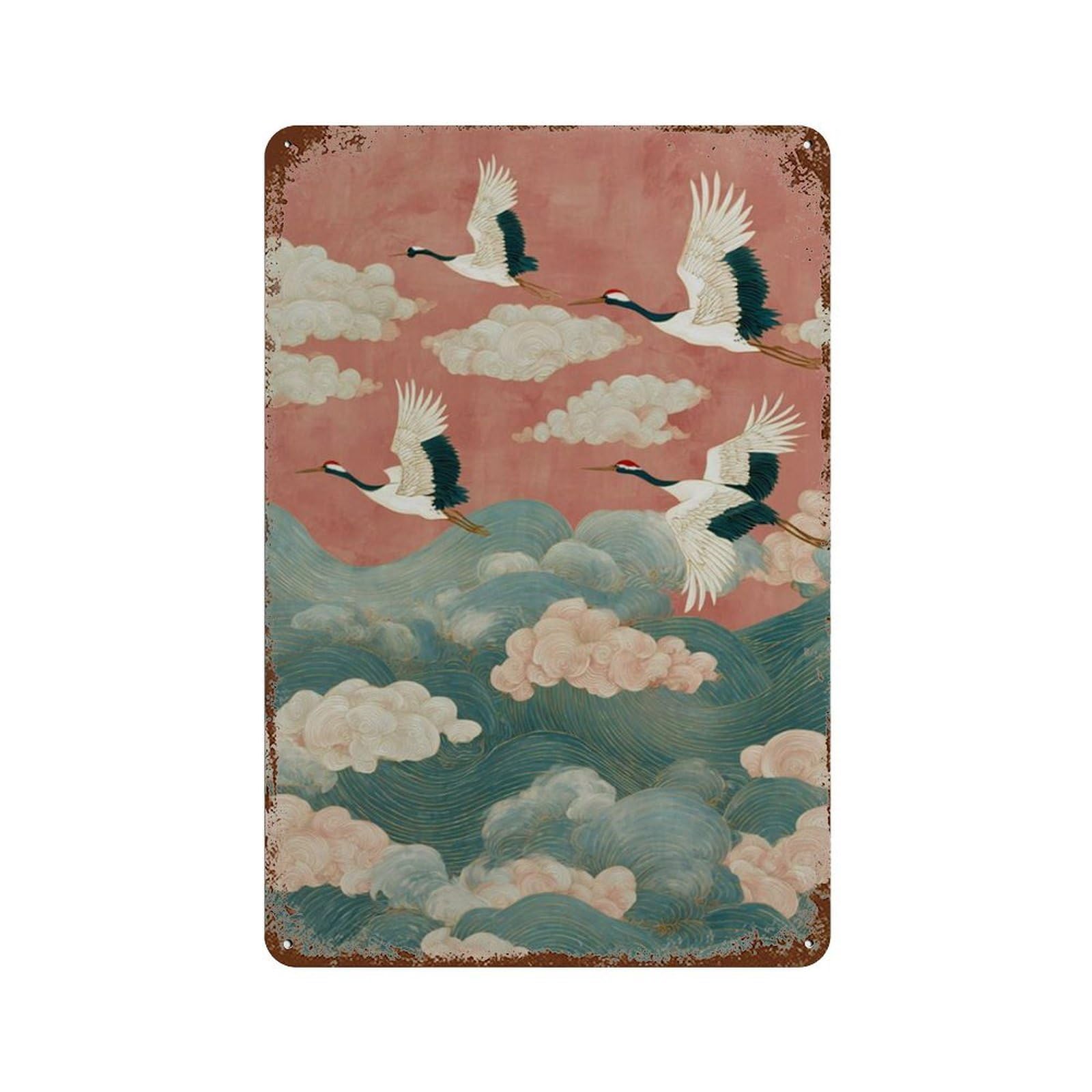xiaoxiaoshen Japanese Crane Wave Flying Birds Ocean Asian Nature Wall Decor Art Metal Tin Poster Modern Home Decor Art Home Bar Shop Decorations Vintage Sign 30x20cm