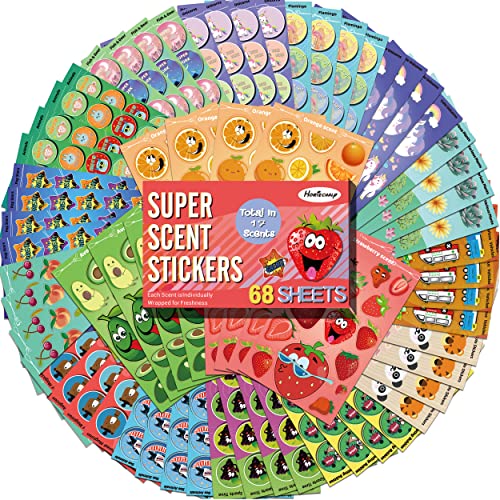 HORIECHALY Scratch and Sniff Stickers, Smelly Stickers for Kids 68 Sheets 17 Scents, 1000+ Cute Scented Pattern of Food Fruit Flower, Classroom Reward for Teachers, Holiday Gift for Little One.
