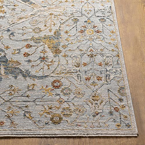 Image of Hauteloom Kunzite Living Room, Bedroom Area Rug - Floral Medallion Border Distressed Leaf - Traditional Oushak Oriental Turkish Transitional - Denim, Light Gray, Cream, Gray, Beige - 6'7 inch x 9'6 inch