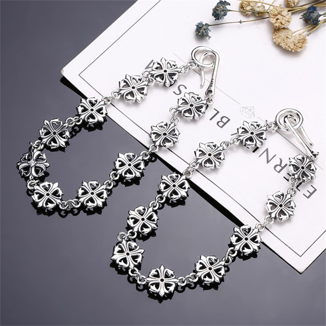 LYGXWJFC Bracciale con Fiori crociati delicati in Argento Sterling S925, Braccialetto con Fiori crociati Vintage Personalizzato da Donna in Argento Sterling S925,Argento,19cm