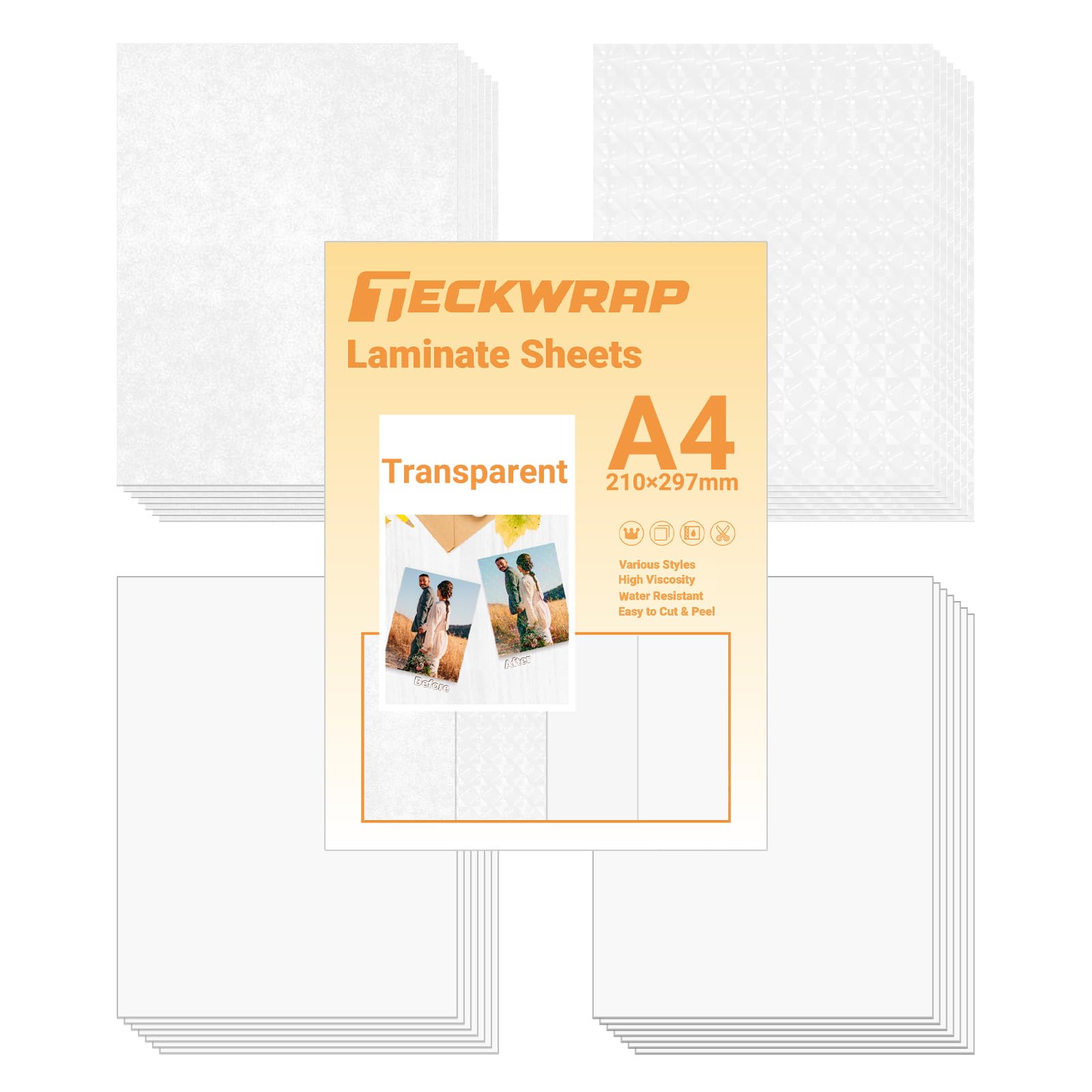 TECKWRAPLaminating Sheets Clear Vinyl Laminate Sheets Sticker Paper for Inkjet Printer Printable Vinyl Stickers, Photo Paper 8.26" x 11.69" A4 28 Sheets (3D Cat Eye, Glitter, Glossy, Matte)