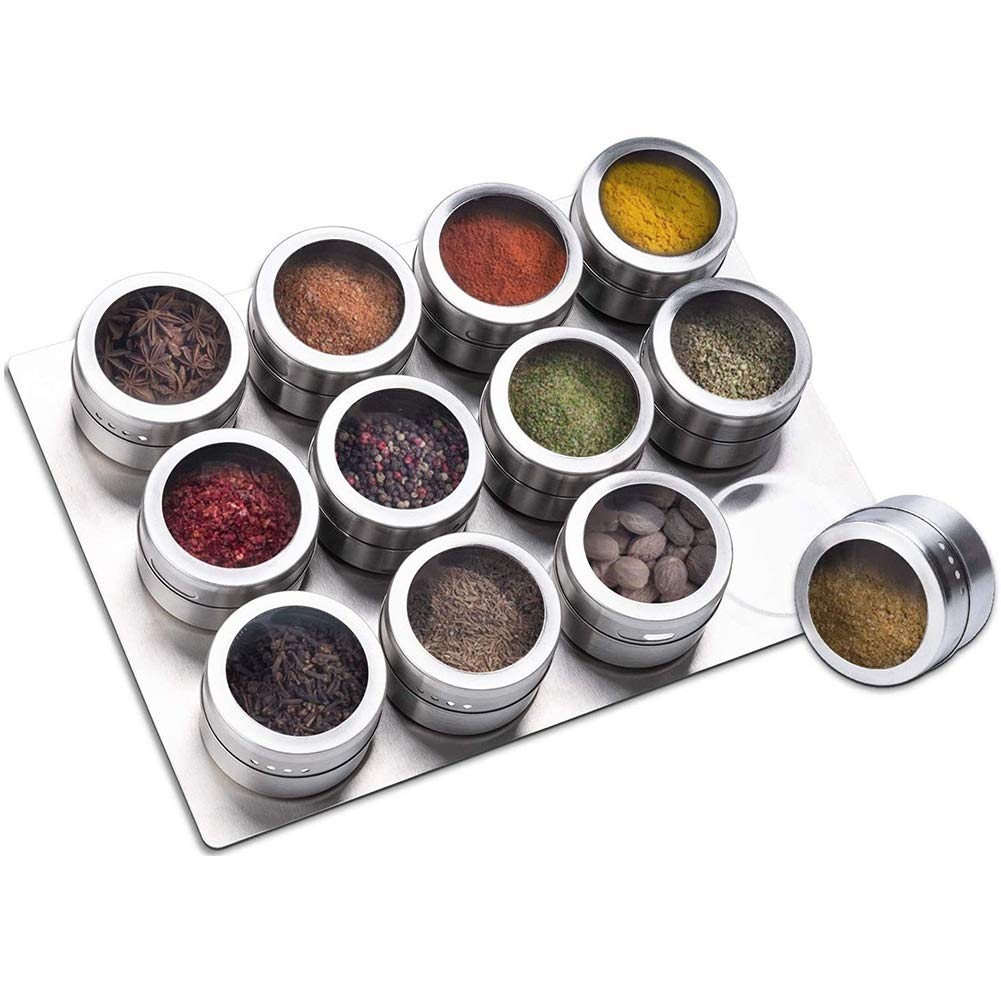 Tarros de especias, juego de tarros de especias de acero inoxidable magnético de 12 piezas, agitador de especias redondo, recipiente de especias, para hierbas de especias, magnético en el refrigerador
