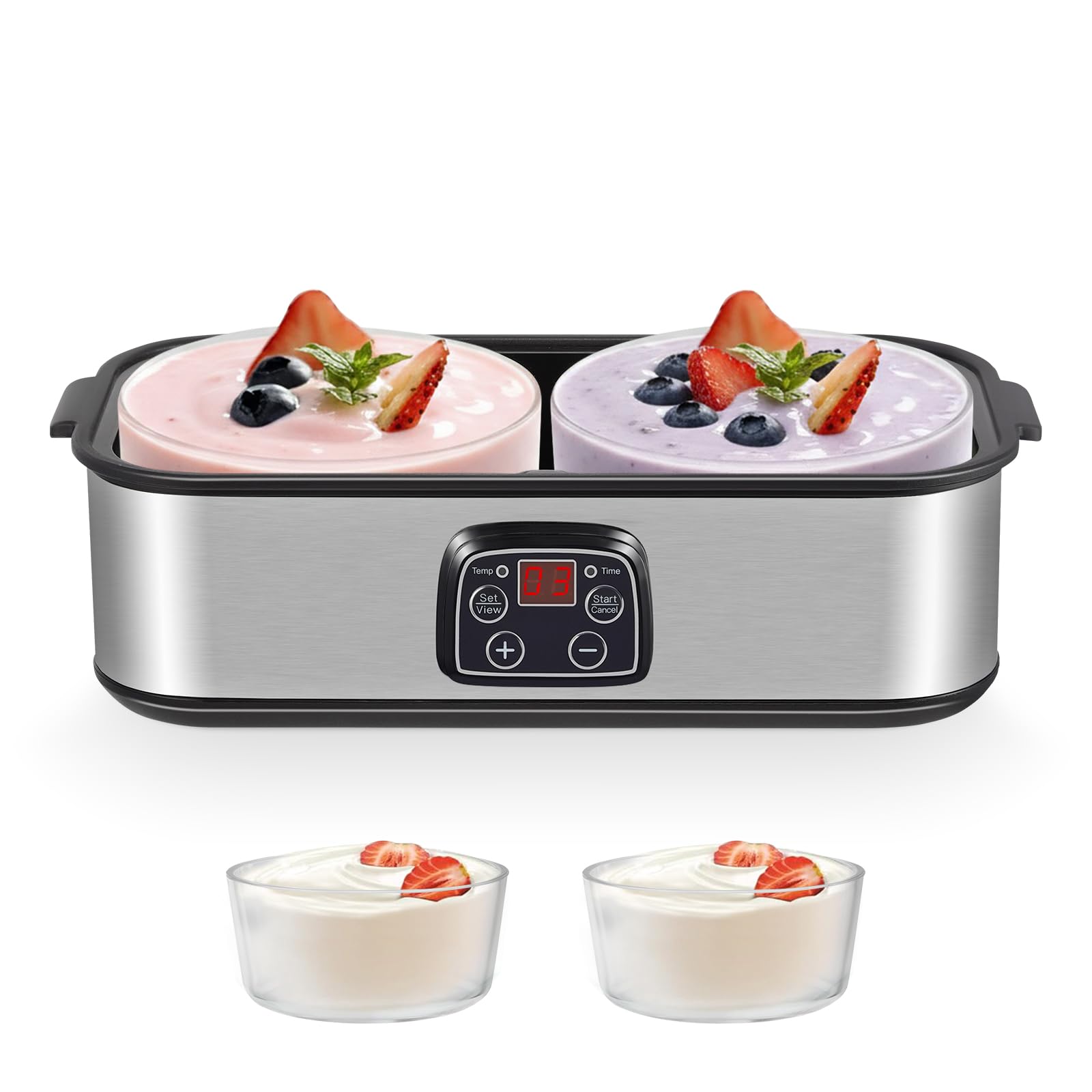 Yogurtera con pantalla LED y 2 recipientes de cristal de 1000 ml, con temperatura ajustable y temporizador, para yogurt, queso, natto, postres saludables