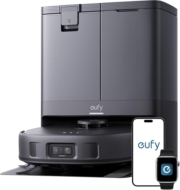 Eufy X10 Pro Omni Robot Vacuum et Mop avec 8,000 Pa Suction, double mops avec 12 mm Détection automatique et de tapis, AI Nettoyeur à vide robot d'obstacle, auto-élimination, autoremplissage (Noir)
