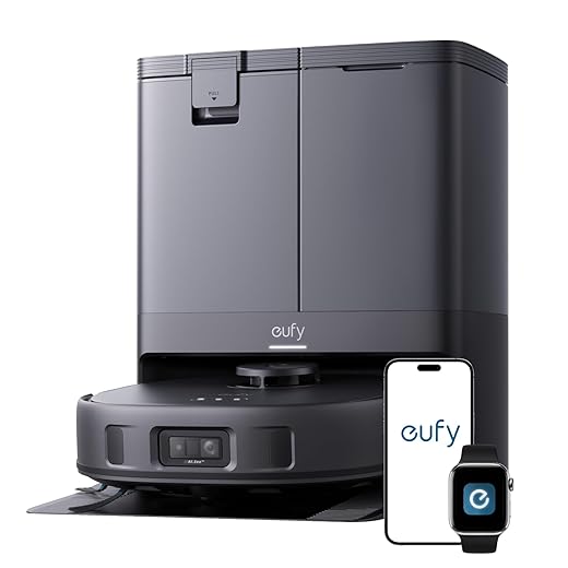 eufy X10 Pro Omni Robot Vacuum and Mop Combo, 8,000 Pa, Dual Mops with 12 mm Auto-Lift and Carpet Detection, AI Obstacle Avoidance, Auto Mop Washing&Drying, Self-Emptying, Self-Refilling