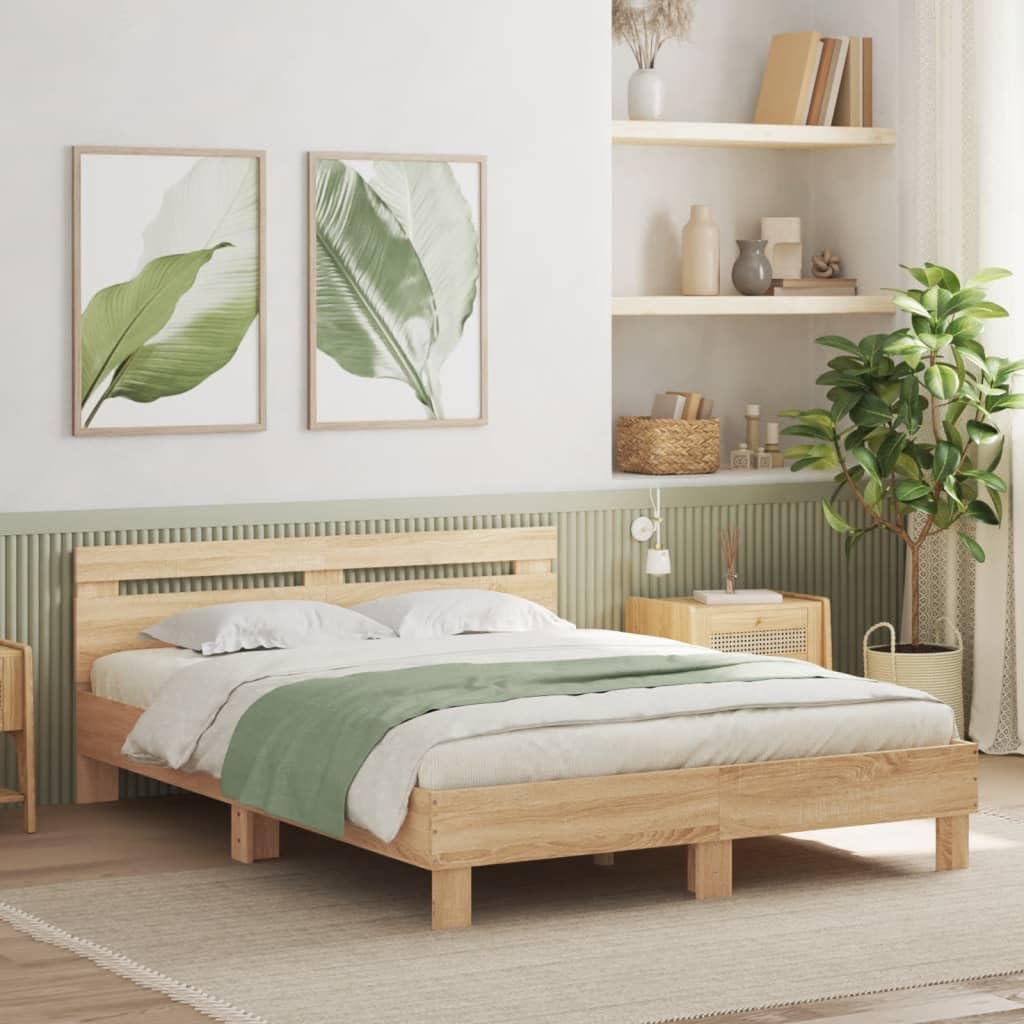 vidaXL Rama łóżka z wezgłowiem i LED, dąb sonoma, 140x190 cm